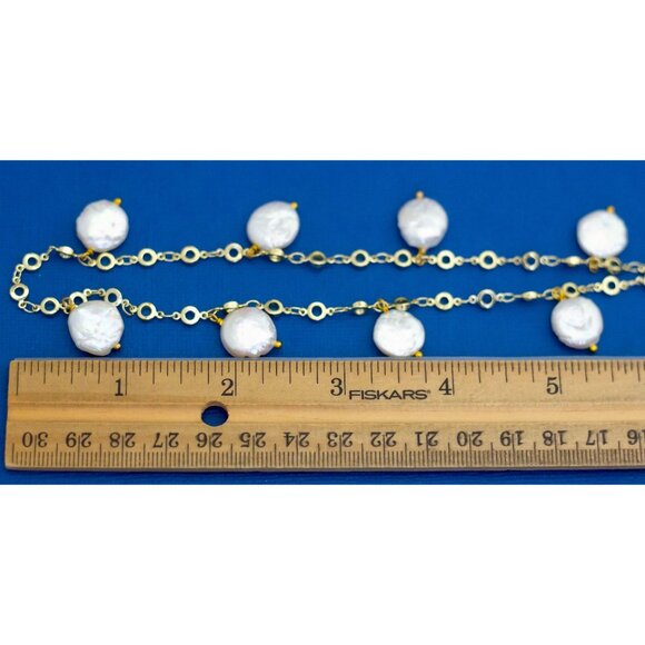 40 inch, Vintage Gold Tone Faux Pearl White Beads Chain Link Necklace D35 - Picture 3 of 3